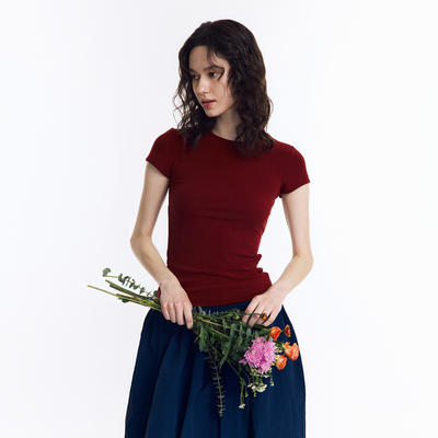 NORYBRAND women's wear/Simple basic wood fiber short-sleeved high-elastic slimming shoulder sport T-shirt, light and thin