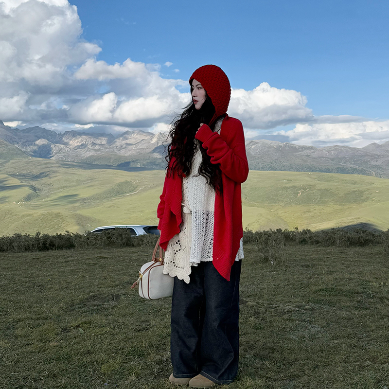Sichuan Western Region Travel Outfit: Irregular Design Sweater Jacket for Women, Layered Look, Early Autumn Lazy Style Knitted Cardigan Sichuan Western Region Travel Outfit: Irregular Design Sweater Jacket for Women, Layered Look, Early Autumn Lazy Style Knitted Cardigan
