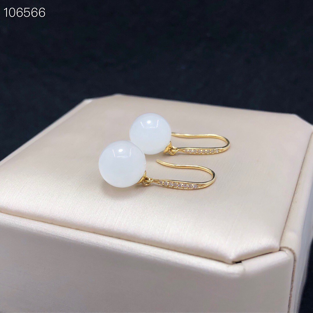 Серьги 18k金天然和田碧玉耳环耳挂百搭厚金羊脂白玉耳勾长版耳炼配证书