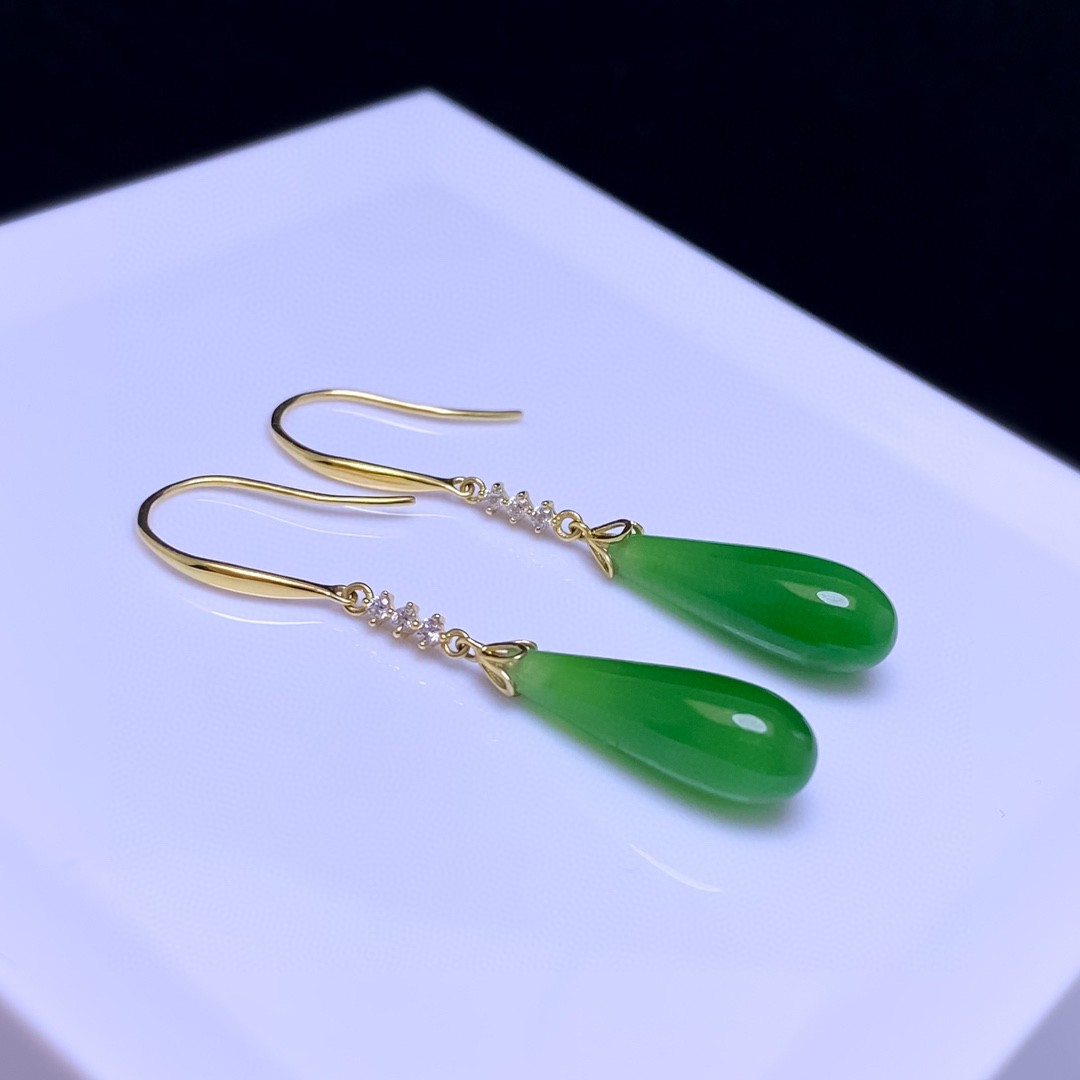 18K金天然和田碧玉水滴耳坠金镶玉翡翠耳环厚金耳挂圆柱立体耳勾