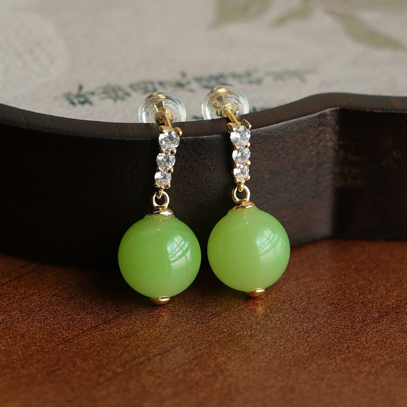 Natural Hetian Jade Necklace with Green Round Beads and Diamond-Studded Earrings, New Chinese-Style Gift, Niche Design, a Light Luxury Gift for Mom