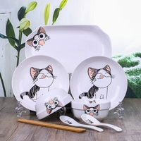 Симпатичная кошка 2 миски, 2 тарелки, 2 ложки, 2 палочки для еды, 1 рыбная тарелка