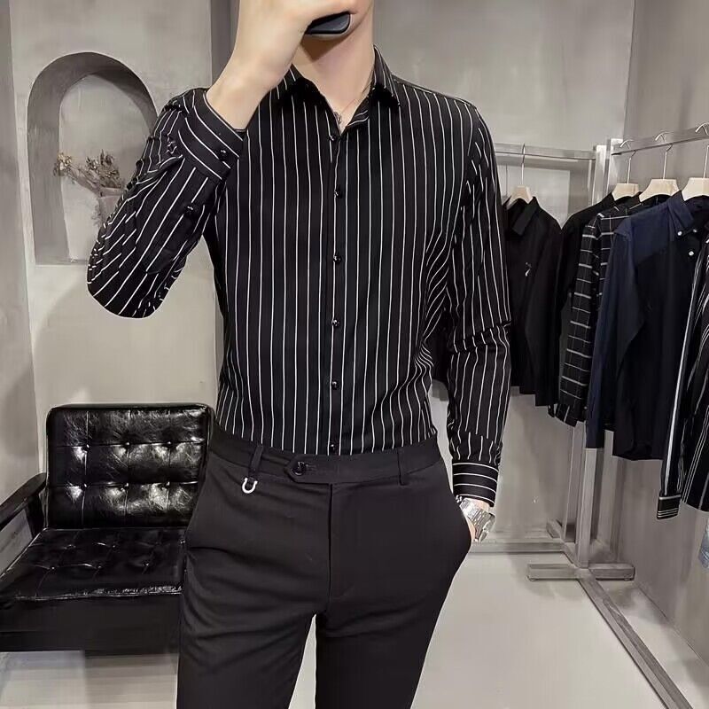 Spring, Autumn, and Summer Stretch Black Striped Shirt for Men, Long-Sleeved Business Casual Shirt, Slim Fit, No-Iron Shirt Spring, Autumn, and Summer Stretch Black Striped Shirt for Men, Long-Sleeved Business Casual Shirt, Slim Fit, No-Iron Shirt