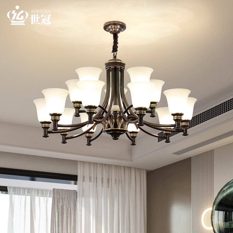 World Crown Black Gold Natural Jade Full Copper Lamp Main Living Room Chandelia American Dining Room Lamp Villa Duplex's atmosphere Lamp