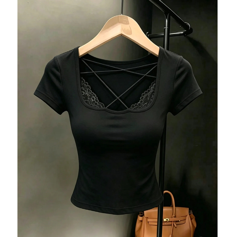 Faintly Visible Lace Splicing Square Neck Tie Chest Pad Short-Sleeved T-Shirt for Women Summer Hot Girl Sexy Slim Fit Short Top