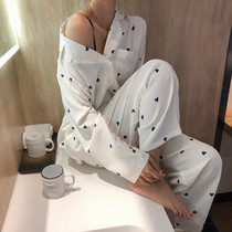 Hong Kong counter pajamas womens summer and autumn new white cotton long-sleeved trousers love thin home clothes two-piece set
