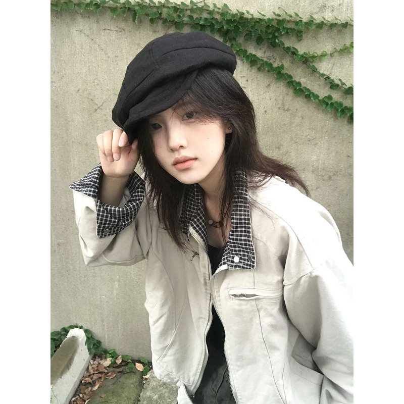 American Retro Stand-Up Collar Workwear Jacket for Women, Spring Loose-Fitting Detroit Short Versatile Baseball Jacket Trendy