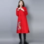 Mùa đông mới phong cách quốc gia của phụ nữ kích thước lớn cổ áo lỏng lẻo thêu thêu cộng với áo khoác nhung dài áo khoác áo khoác bò nữ