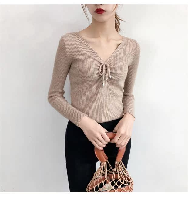 Mùa thu mới cổ chữ V dây rút dài tay bó sát áo sơ mi mỏng Áo mỏng là áo len mỏng áo len nữ ao khoac len