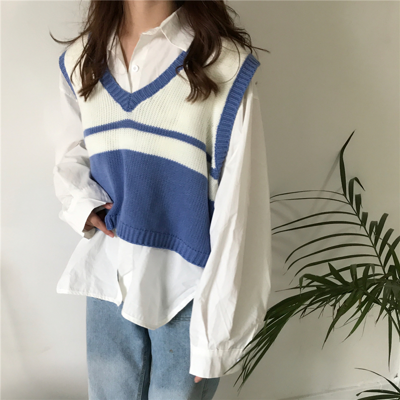 Mùa xuân và mùa đông chic áo sơ mi lỏng lẻo + áo len không tay ngắn vest vest bf thủy triều nữ phù hợp với áo hai dây áo kiểu nữ cao cấp