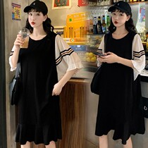 2022 Post-natal feeding dress Large size Lean Postpartum Breastfeeding dress Dress Woman Summer Thin black short sleeves Lotus Leaf side