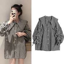 Micro Fat Mm Big Code Navy Collar Lantern Long Sleeve Plaid Shirt Woman Retro Port Taste Doll Blouse Loose Korean version