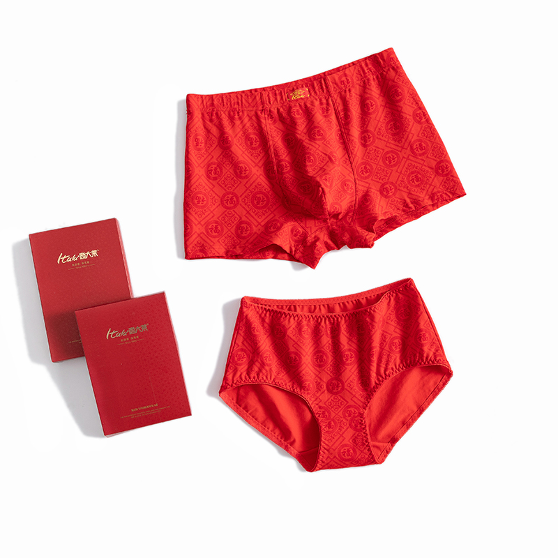 Italian Male And Lesbian Couple Fu Characters Great Red Briefs Pure Cotton Lekaben Life Year Wedding Briefs Plus Fat Increase Code-Taobao