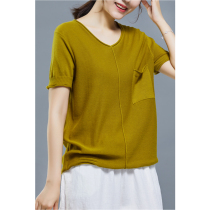 V Collar Pure Cotton Short Sleeves Blouse Slim Fit Thin Temperament 100 Lap Pure Color Pocket Decoration Turmeric 21 Summer Dress New