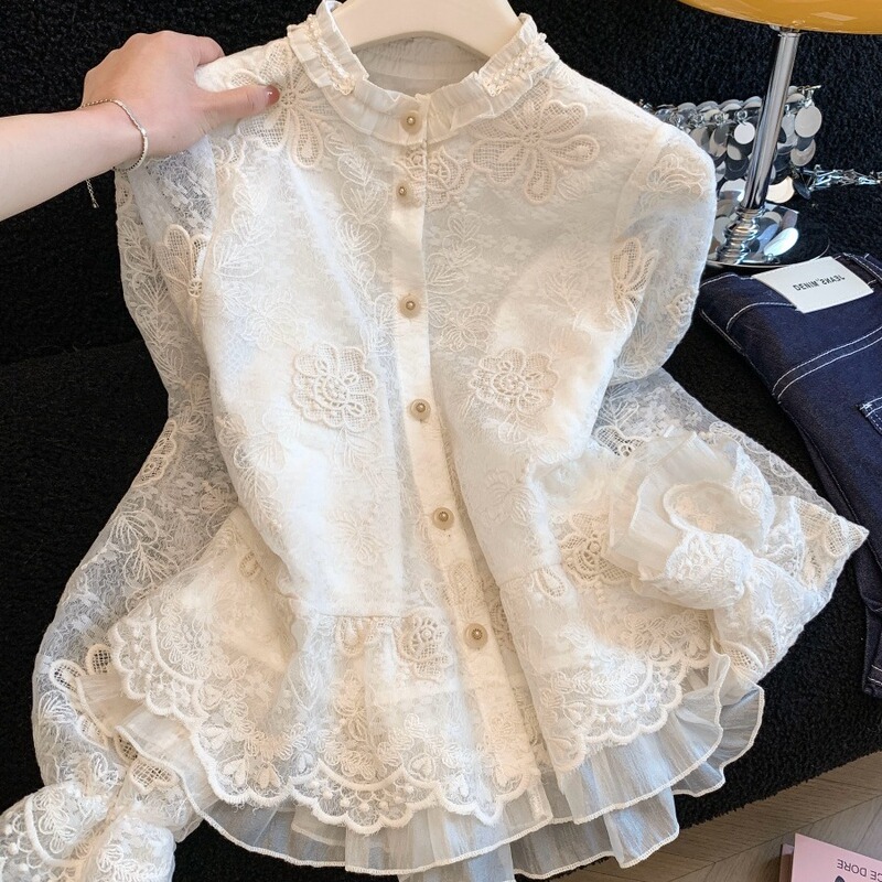 French Sweet Style Embroidered Lace Crochet Shirt for Women, Spring Light Luxury Lace Collar Elegant Lace Top, Unique Blouse