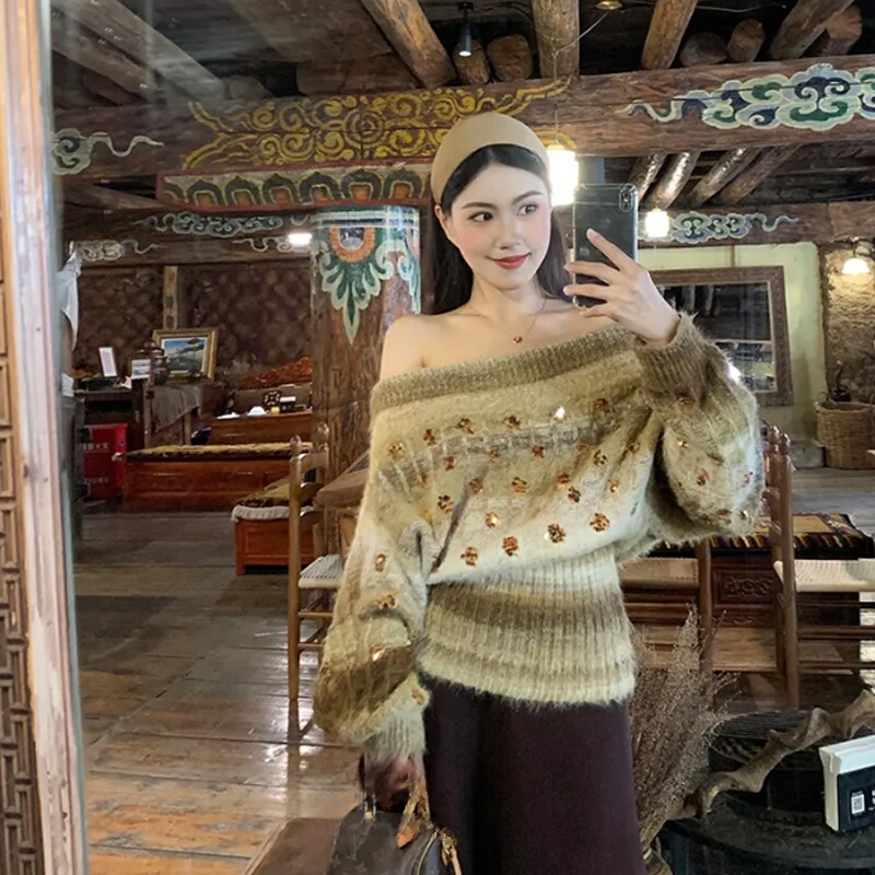 Fluffy Sequin Off-Shoulder Top for Women, Autumn and Winter Ethnic Style, Off-Shoulder Sweater, Lazy and High-End Knitted Top