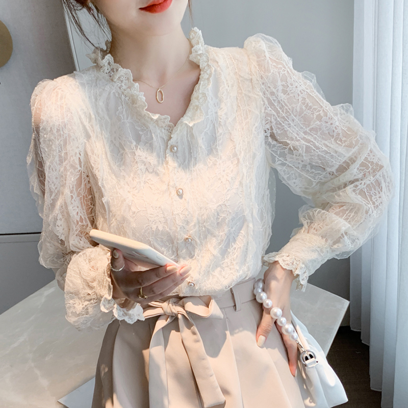 Lace Base Shirt for Women with a Unique Design, Chic Chiffon Blouse for Layering, Spring 2026 New Long-Sleeve Top