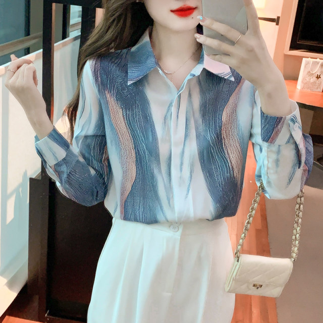 Gradient color rendering chiffon shirt women's spring dress 2023 new French long-sleeved top fashion niche shirt trend