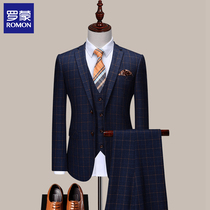 Romon suit suit male spring casual Korean version handsome slim formal wedding dress Large size plaid suit male