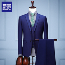 Romon wedding suit Mens groom suit three-piece suit Business dress solid color spring British style handsome
