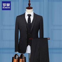 Roemon Suit Suit Mans Inn Wind Han Edition Stomboy New Lang Marriage Stripes Western Suit Three Sets Career Positive Dress Man
