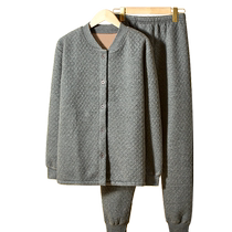 Hengyuanxiang mens pure cotton plus velvet thickened thermal underwear for middle-aged and elderly cardigan style autumn clothes and autumn trousers suit winter