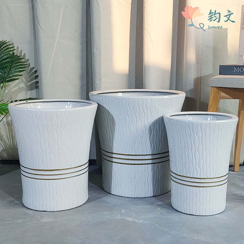 Junwen Light Luxury Minimalist Gold Line Ceramic Flower Pot for Clivia, Money Tree, Happiness Tree, Garden Floor Planting