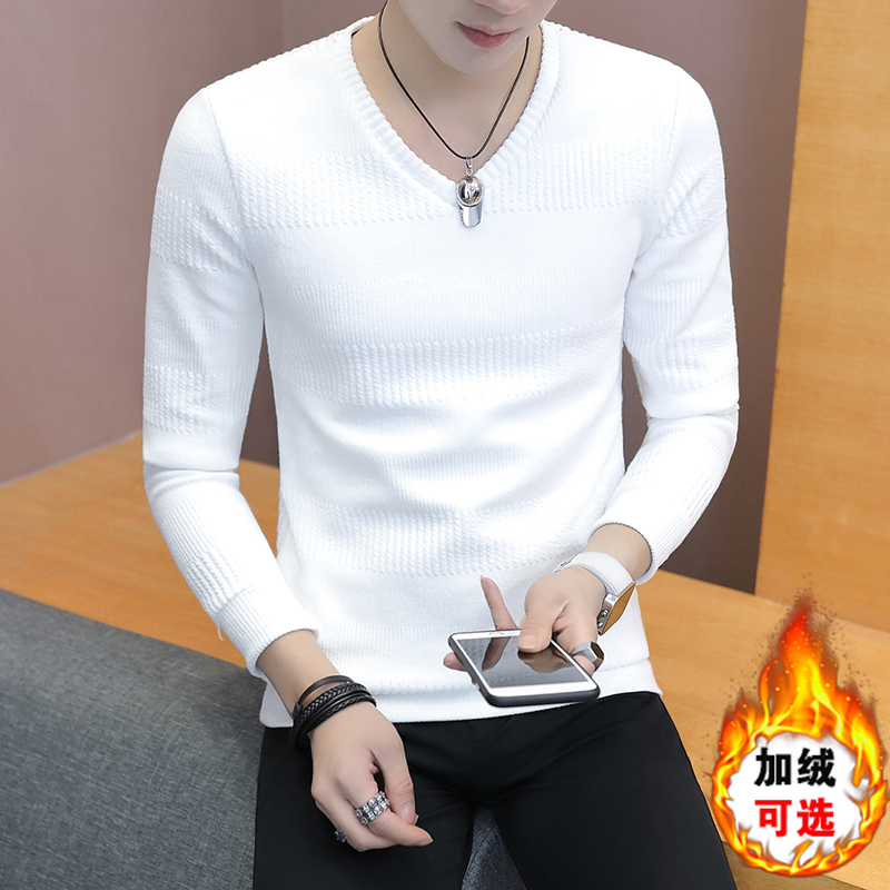 Men's Sweater 2026 New Trendy Solid Color V-Neck Knitted Base Layer with Fleece Lining, Thickened White Autumn and Winter Knitwear