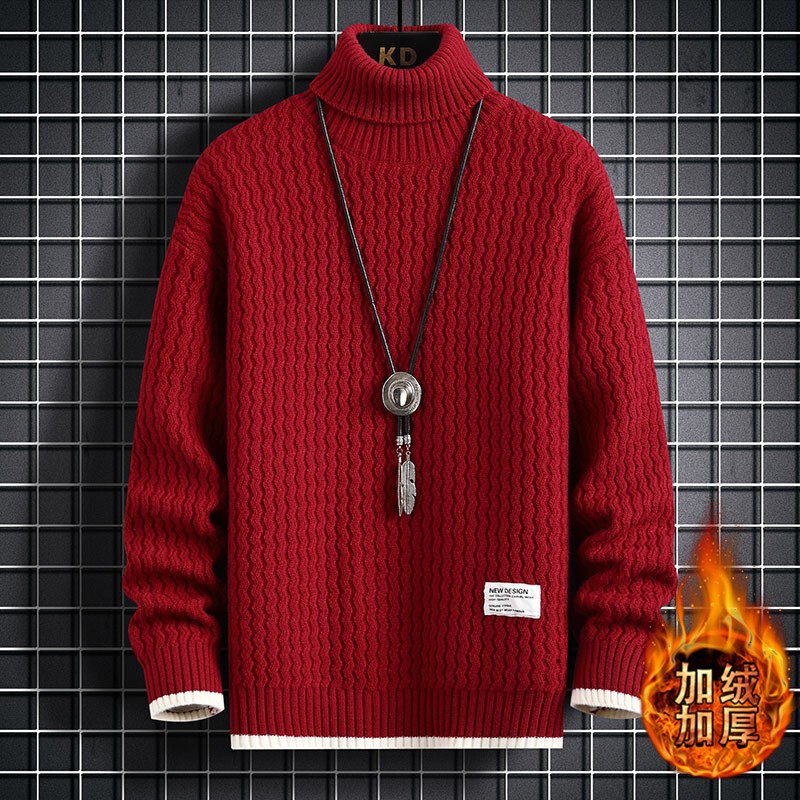 Men's Trendy Red Turtleneck Sweater for the Year of Birth, Autumn and Winter Warm Base Layer, Fleece-Lined and Thickened Knitwear
