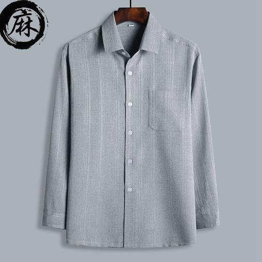 中老年男士长袖衬衫春夏季薄款宽松纯色衬衣老年人爷爷大码爸爸装