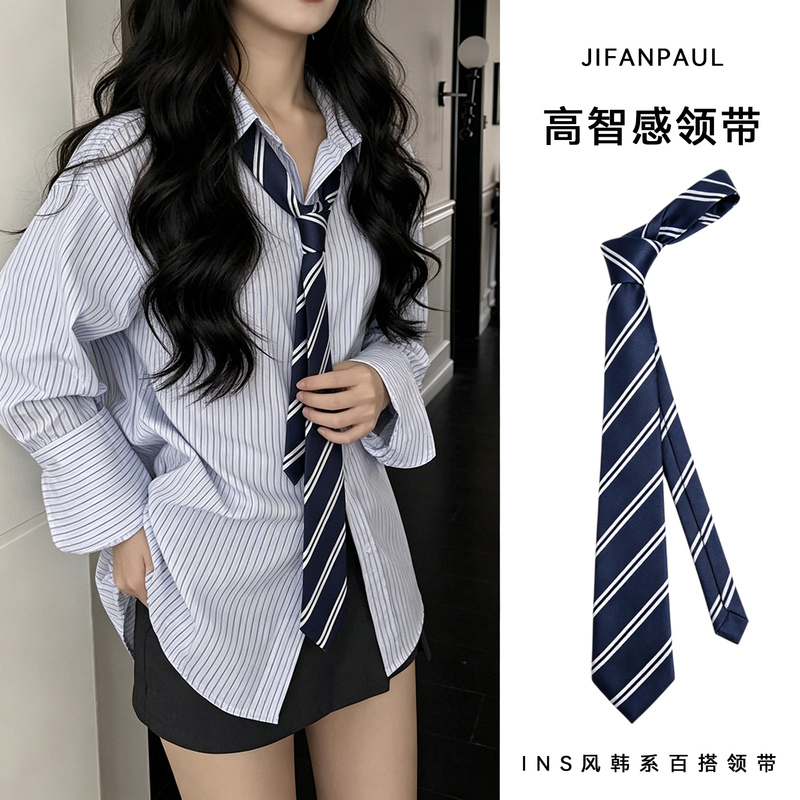 Blue Striped Tie, Hand-Tied, College Style, Fashionable, Versatile, High-Intelligence Look, Casual Retro Scarf, Shirt Accessory for Women Blue Striped Tie, Hand-Tied, College Style, Fashionable, Versatile, High-Intelligence Look, Casual Retro Scarf, Shirt Accessory for Women