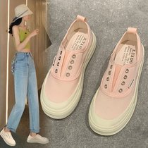 White shoes for women 2024 summer new womens single shoes one-leg breathable canvas shoes fashionable and versatile thick-soled student shoes