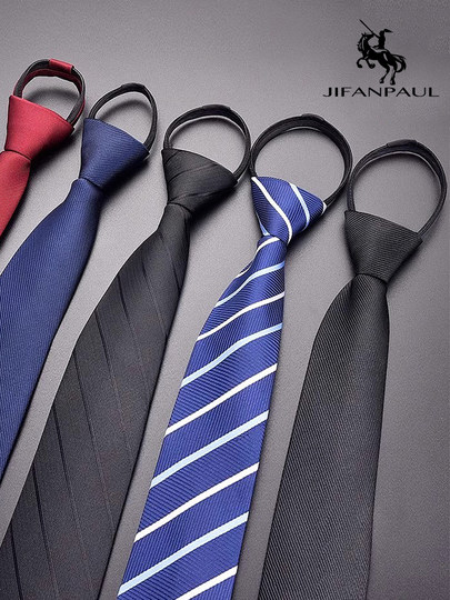 Men's Tie Zipper Style Wedding Groom Business Formal Wear Black Striped Knot-Free Suit Shirt Casual High-End