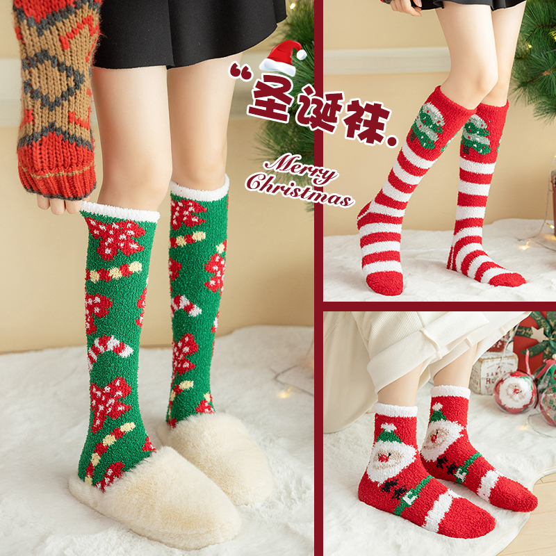 Christmas Socks for Women, Red Mid-Calf Socks for Autumn and Winter, Cartoon Snowman Christmas Eve Long Socks, Coral Fleece Sleep Socks