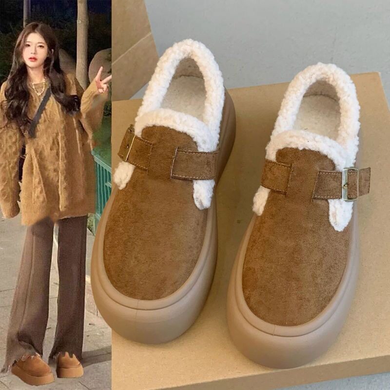 Женские осенне-зимние ботинки birkenstocks на толстой подошве с волнистым ртом и бархатом, сохраняющие тепло; новинка 2025 года; лоферы; повседневная обувь из хлопка