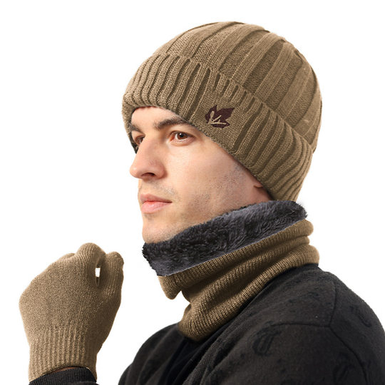Winter Warm Hat, Scarf, and Gloves Three-Piece Set, Fleece-Lined Knitted Wool Hat, Dad's Cold-Proof Head-Covering Hat