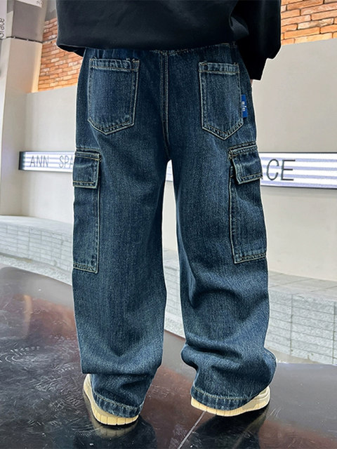 Boys' Wide-Leg Jeans 2026 New Spring and Autumn Straight-Leg Cargo Pants for Older Children, Cool and Stylish Loose Pants for Autumn