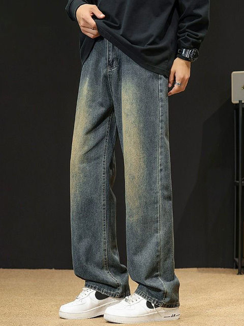 American-Style Trendy Brand Jeans for Men, 2025 Spring/Summer New Washed High-Street Elastic Waist Casual Straight Wide-Leg Pants