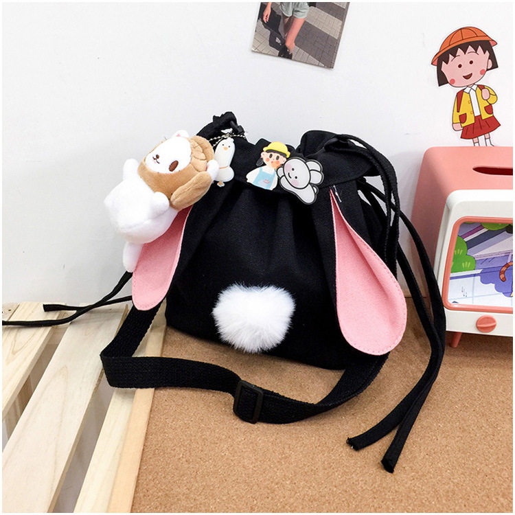 Детская сумка на ремне 春夏新款学生帆布小包包甜美淑女撞色单肩包可爱潮挂件抽绳斜挎包 Jifanpaul