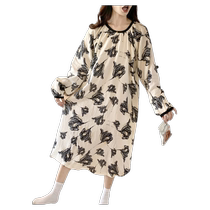Pajamas for women black and white flower print long-sleeved imitation cotton summer style sweet cute and comfortable plus size skirt home wear nightgown
