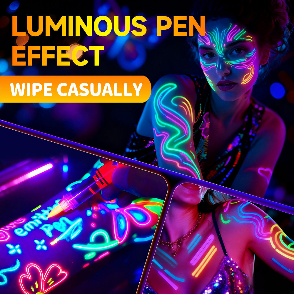 Halloween Glowing Fluorescent Pens for Students, Colorful Tip Pens with High Aesthetic Appeal, Instagram-Style Luminous Body Painting Pens, Washable Face Graffiti Makeup Pens, Erasable Festival Party Atmosphere Glow Pens