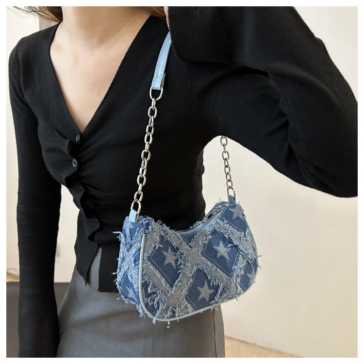 Сумка на одно плечо, сумка подмышку, сумка через плечо, джинсовая универсальная цепь, небольшая небольшая сумка Jifanpaul/Ji Fan Paul 