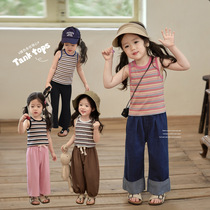 Girls summer new style suspenders stylish striped vests forest style rainbow striped childrens fashionable sleeveless tops versatile