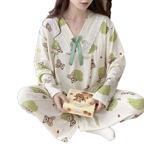 夏绿色小清新孕妇睡衣可哺乳月子服时尚花边长袖长裤套装可外穿