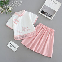 Childrens cheongsam summer 2024 new girls Tang suit suit cotton and linen baby Hanfu Chinese style childrens dress