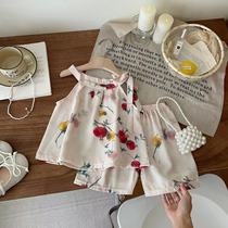 Girls summer national style suit 2024 new childrens vest suspenders fashionable two-piece set of thin clothes for baby girls