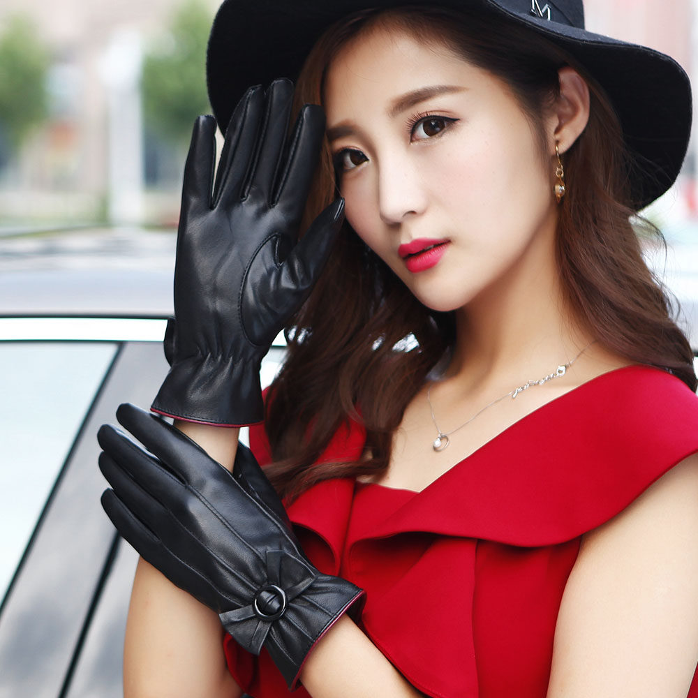 Thick, fleece-lined leather gloves for autumn and winter, warm and cold-proof, suitable for driving and cycling, touchscreen, women's genuine leather gloves, trendy on Instagram.