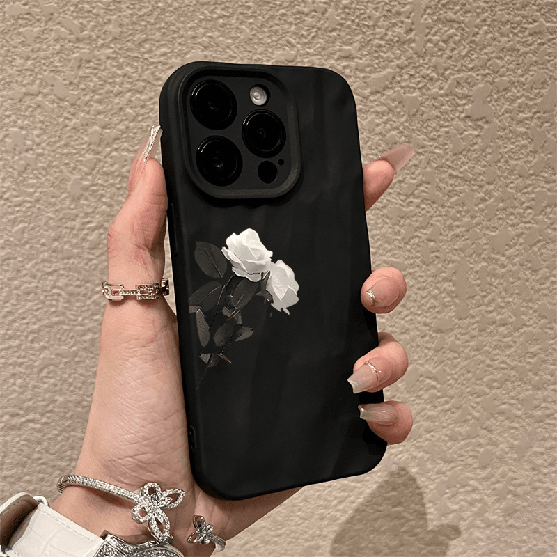 Pure White Rose Design Phone Case Suitable for Apple 15 Pro Max, iPhone 14, Artistic 13, Niche 12, Premium X Phone Cover, iPhone 16 Shockproof, iPhone 15 Full Protection Case, 14 Plus