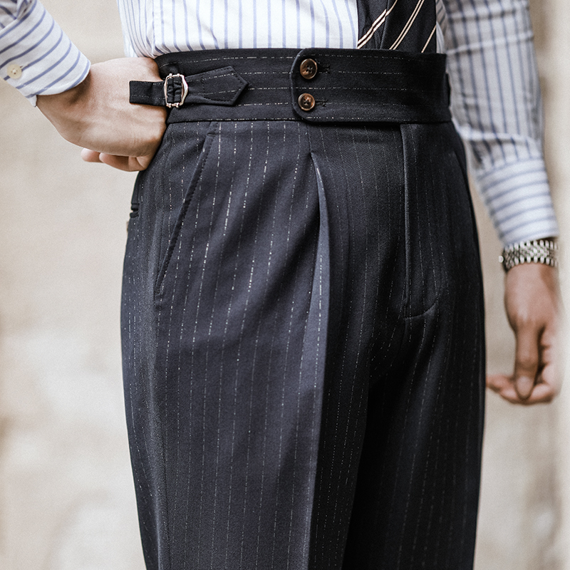 Casual High-Waisted Men's Trousers for Spring, Business Naples Striped Long Pants, Business Paris Button Drape Straight-Leg Trousers