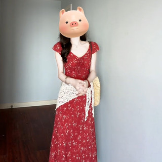 French-Style High-End Red V-Neck Floral Dress for Women, Summer 2026 New Popular Style, Stunning and Elegant Waist-Cinching Long Dress